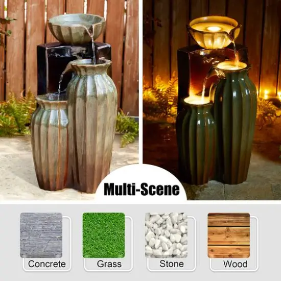 Glitzhome&reg; 26.75" 3-Tier LED Fluted Textured Ceramic Outdoor Floor Fountain Olive Green and Brown {6}