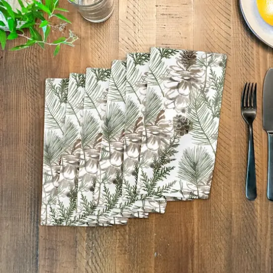 Pine Cones & Greenery on White Cotton Twill Napkin {4}
