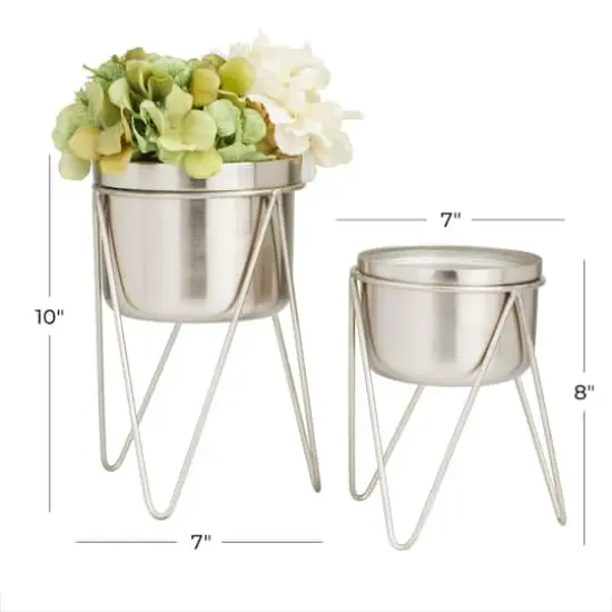Set of 2 Silver Iron Modern Planter, 10" x 8" {6}