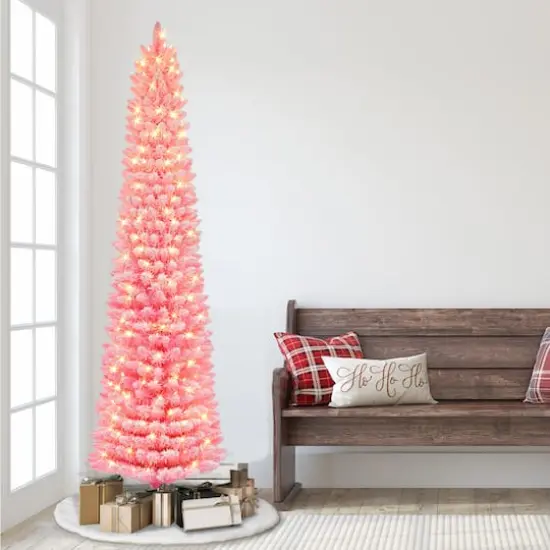 7.5ft. Pre-Lit Fashion Pink Flocked Artificial Christmas Tree, Clear Incandescent Lights {4}