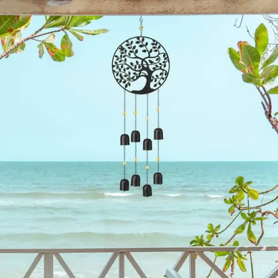 Glitzhome&reg; Matte Black Metal Tree of Life Windchime with Bells {7}