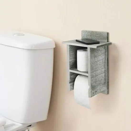 Olive Green Wood Toilet Paper Holder with Storage Shelf {6}