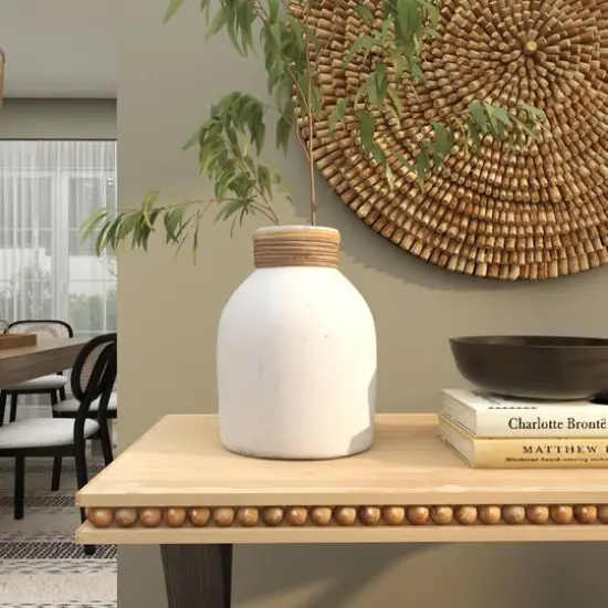 11" White Ceramic Vase with Wrapped Rattan Detailing {10}