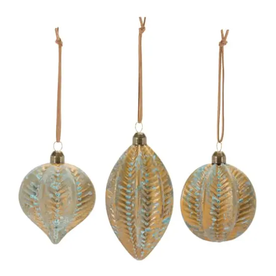 Blue & Brown Distressed Ribbed Glass Ornament Set {6}