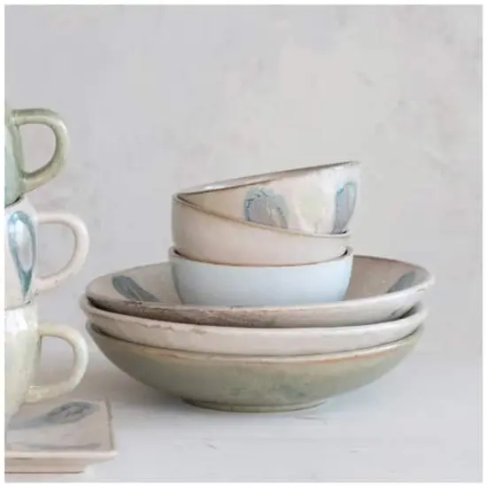 Hello Honey&reg; 5" Green, Tan & Blue Geometric Harmony Stoneware Bowls Set {3}
