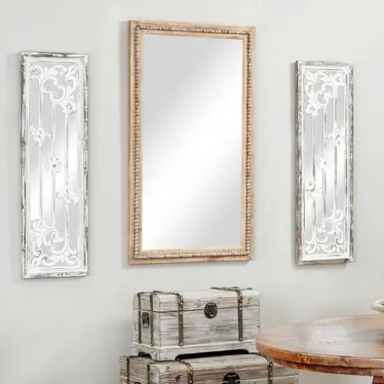 48" Light Brown Boho Style Wood Wall Mirror {9}