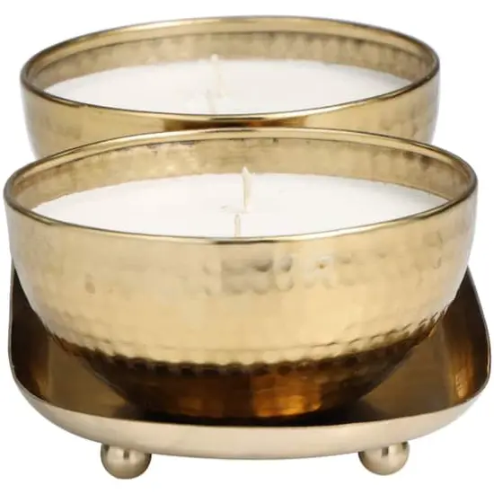 White Wax Egyptian Mint Scented Candle Set with Gold Hammered Containers and Oval Holding Tray {3}