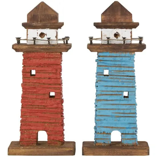 10" Red & Blue Wood Light Housee Sculpture Set {1}