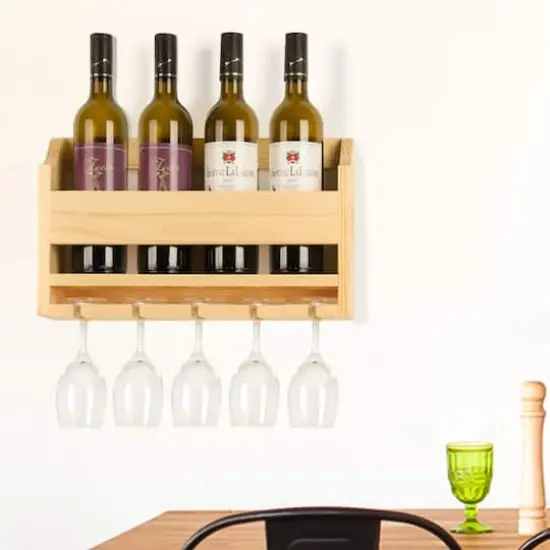 NEX&trade; Wall-Mounted Wine Rack with 5 Long Stem Glass Holder Natural {6}