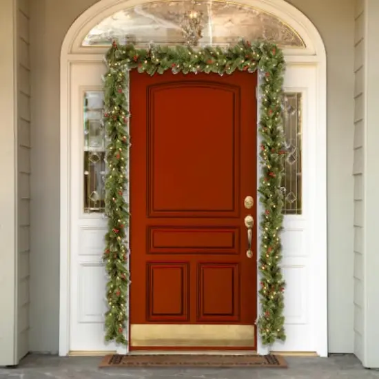 9' x 10" Pre-lit Crestwood&reg; Spruce Artificial Christmas Garland with Silver Bristle, Cones, Red Berries and Glitter with 50 Battery Operated Soft White LED Lights {3}