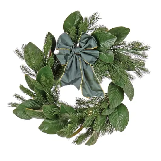 24'' LED Magnolia Mix Pine Wreath with Fabric Bow {1}