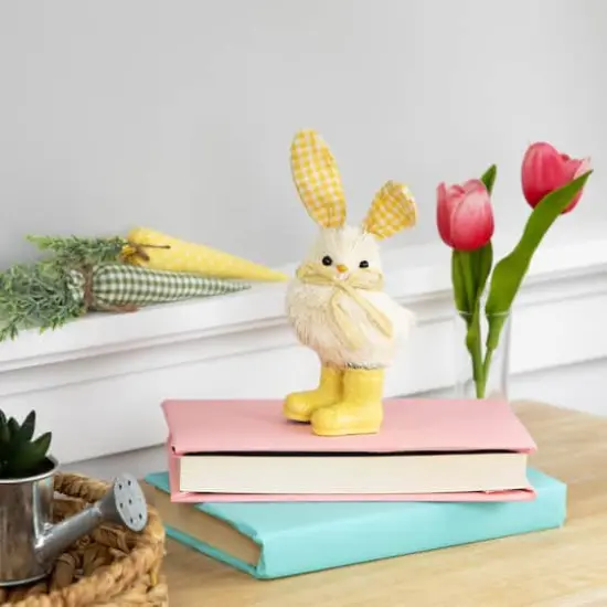 7" Yellow Easter Chick Accent with Plaid Rabbit Ears & Rainboots  {3}