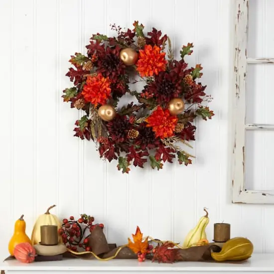 24" Fall Dahlia, Golden Apple, Oak Leaf & Berries Autumn Artificial Wreath {5}