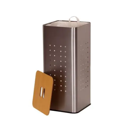 Household Essentials Square Metal Hamper with Wooden Lid Silver {6}