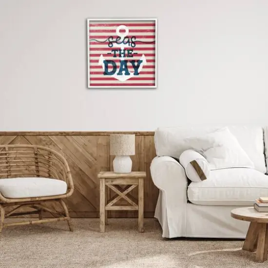 Stupell Industries Seas The Day Americana Anchor & Flag Phrase Framed Giclee Art White {3}