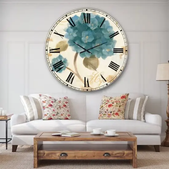 Designart Blue Cottage Flower Hydrangea II Wall Clock {4}