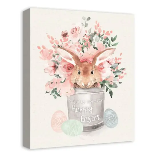 Easter Bunny Floral Bucket 16" x 20" Canvas Wall Art {3}