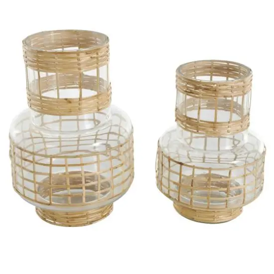 Clear Glass Double Ring Rattan Wrapped Vase Set {7}