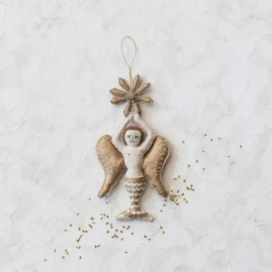 Hello Honey&reg; 9.5" Cream & Gold Handmade Canvas & Wool Felt Angel Ornament with Embroidery {3}