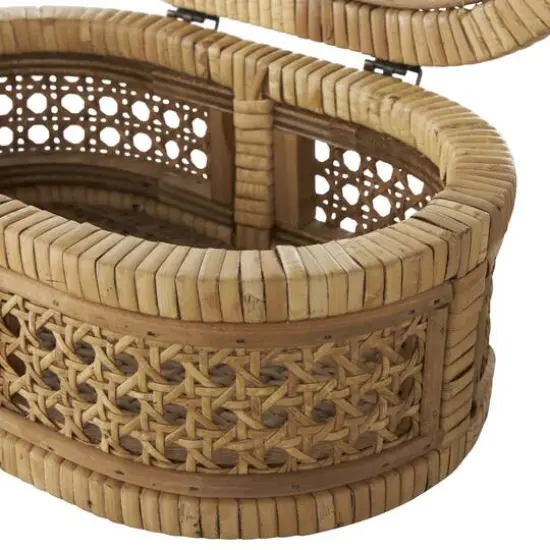 Brown Oval Rattan Storage Box Set with Pane Panels & Glass Tops {9}