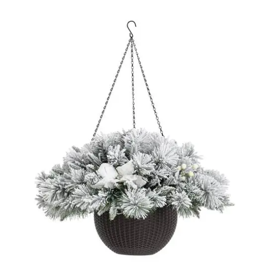 Glitzhome&reg; 24" Pre-Lit Snow Flocked Christmas Artificial Pine Poinsettia Hanging Basket, White Lights {7}