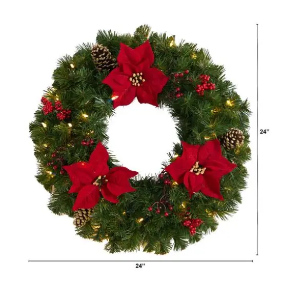 24" White LED Lights Poinsettia, Berry & Pinecone Artificial Wreath {3}