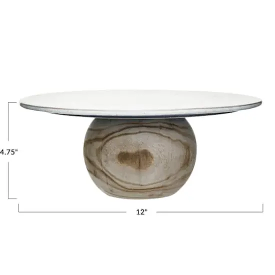 Hello Honey® 12" White Speckled Stoneware Pedestal with Paulownia Wood Ball Base {4}