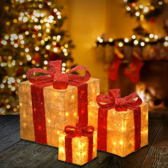 Set of 3 Gold Gift Boxes, Clear Lights {3}