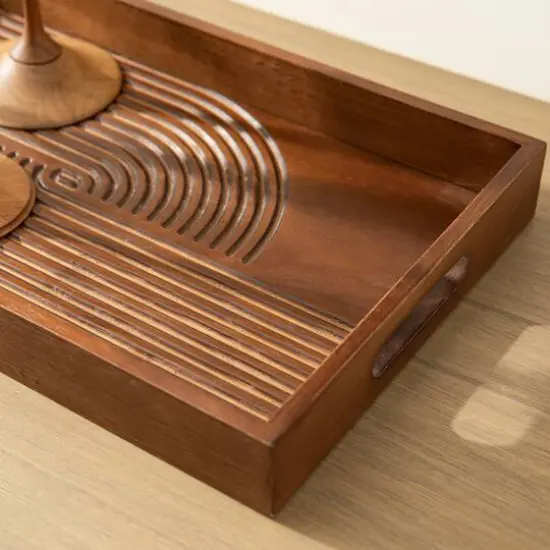 Glitzhome&reg; Rectangle Rubber Wood Abstract Trays Set {6}