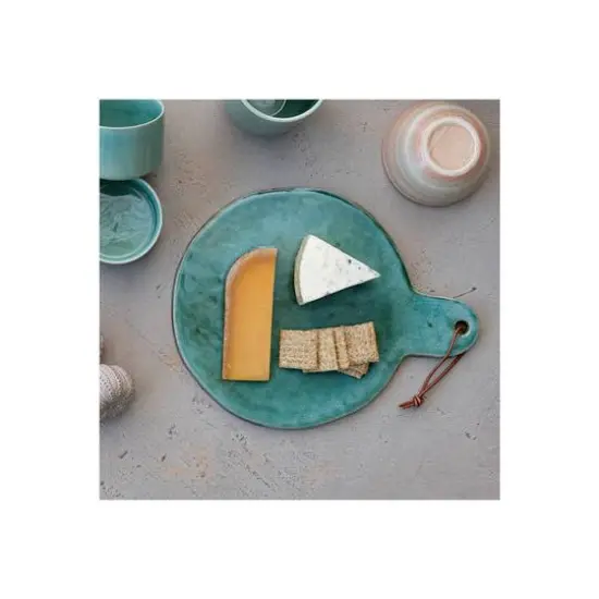 Hello Honey&reg; 13.75" Aqua Round Stoneware Cheese Board with Leather Tie {4}