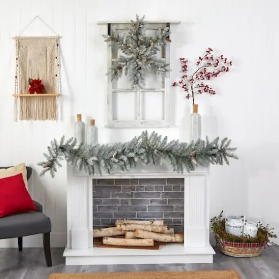 30" Pre-Lit Flocked Snowflake Artificial Dunhill Fir Wreath With Pinecones {7}