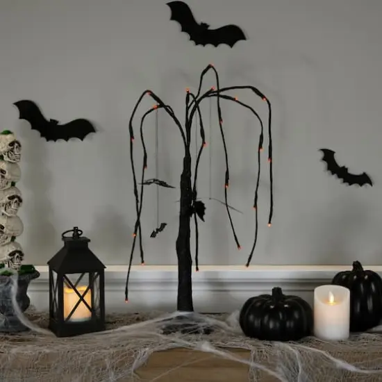 24" LED Lighted Black Glittered Halloween Willow Tree with Bats {4}