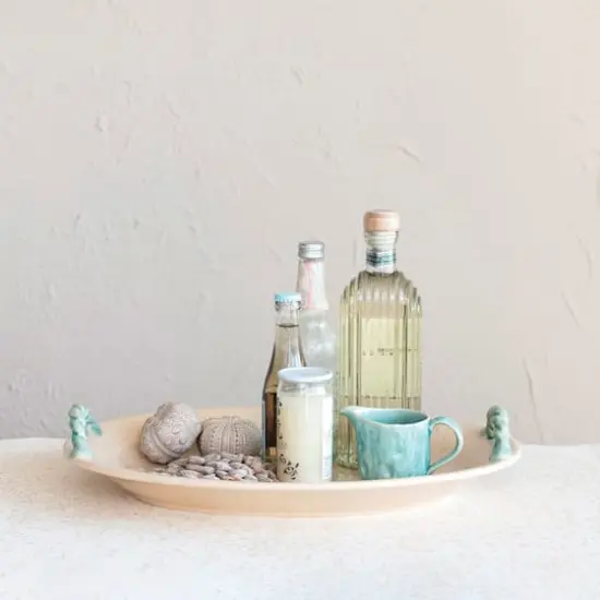 Hello Honey&reg; 19" Cream & Blue Oval Terra Cotta Platter with Braided Handles {3}