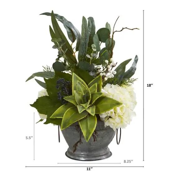 Hydrangea, Succulent and Eucalyptus Artificial Arrangement in Vintage Bowl with Copper Trimming {4}