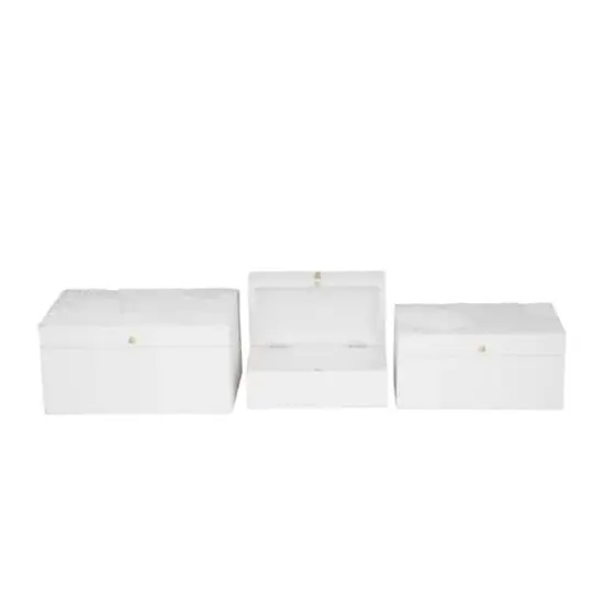 White Wood Intricate Carved Box with Hinged Lid Set {3}
