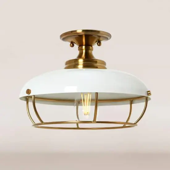 Hello Honey® 13" Wide Caged Dome Metal Semi-Flush Mount Ceiling Light Brushed Brass and White {5}