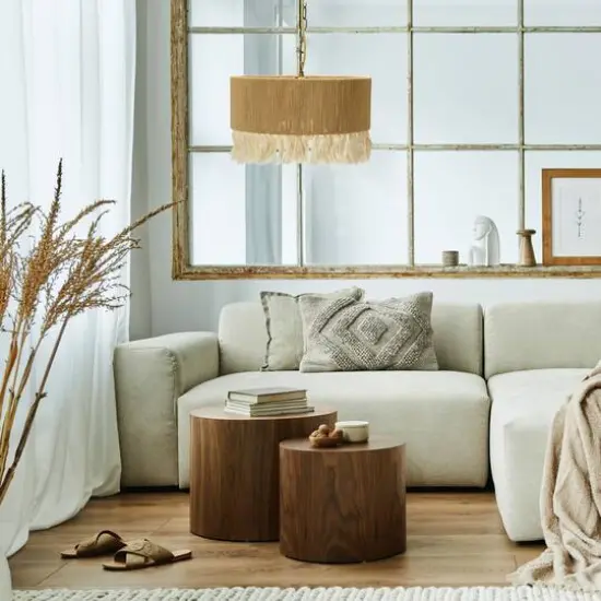 Hello Honey® 16" Brown Coastal Pendant Lamp with Natural Paper Rope Shade, Fringe Detail and Iron Base {5}