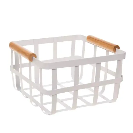 Simplify Small Square White Metal Basket with Bamboo Handles {1}
