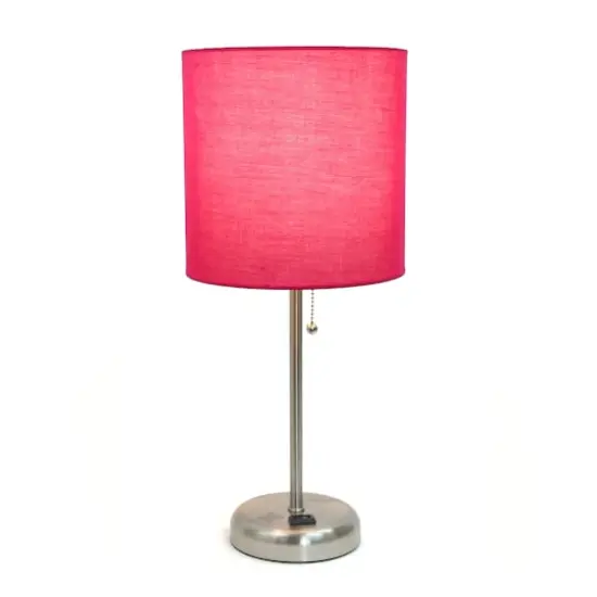 Creekwood Home Oslo 19.5" Power Outlet Table Lamp Brushed Steel Base/Pink Shade {5}