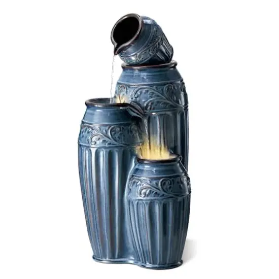 Glitzhome&reg; 35.5" 4-Tier LED Turquoise Embossed Ceramic Pots Outdoor Floor Fountain {1}