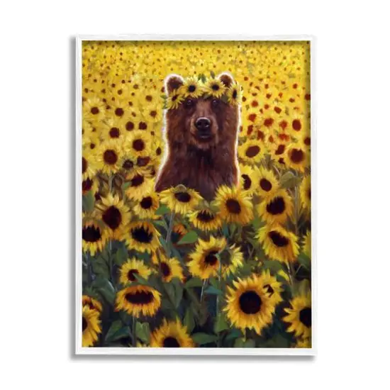 Stupell Industries Happy Bear Sunflower Field Framed Giclee Art White {1}