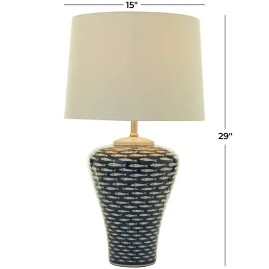 Dark Blue Ceramic Gourd Style Base Fish Table Lamp with Drum Shade 15" x 15" x 29" {9}