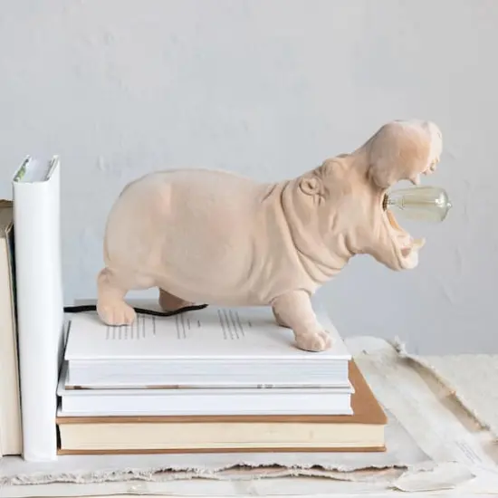 Hello Honey&reg; 14" Blush Flocked Hippo Table Lamp {3}