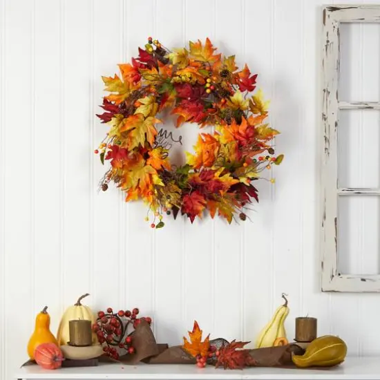 24" Autumn Maple Leaf & Berries Fall Wreath {5}