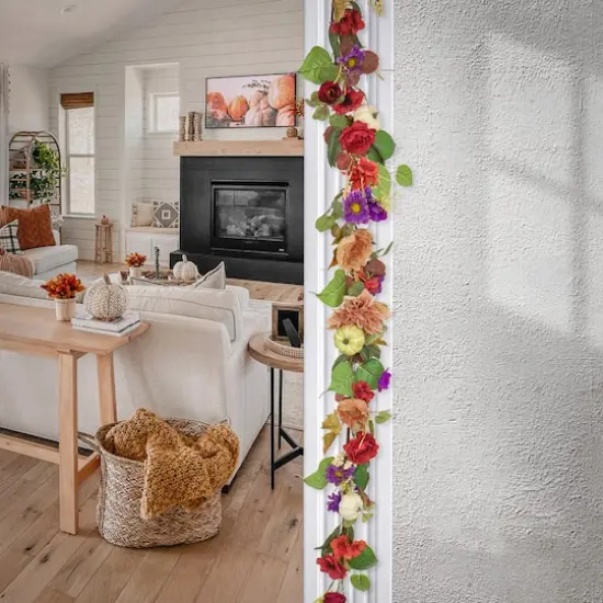 6ft. Harvest Serenity Mixed Flower & Pumpkin Garland {3}