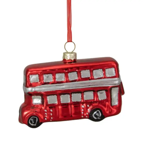 4" Shiny Metallic Red & Silver Glass Double Decker Bus Christmas Ornament {10}