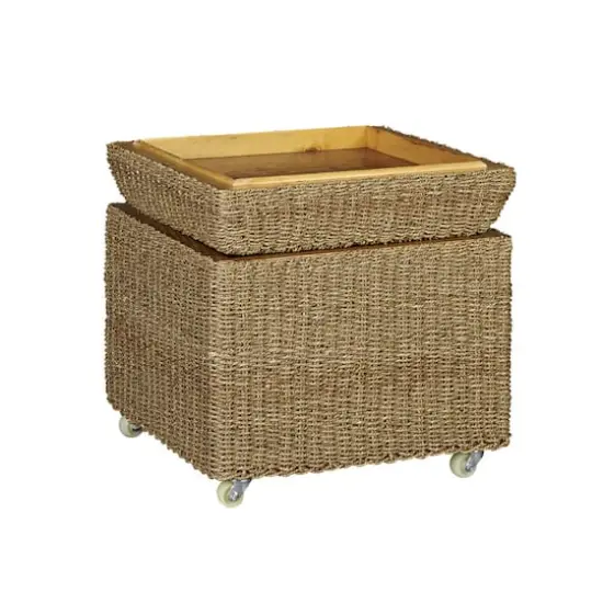 Household Essentials 18" Seagrass Rolling Wicker Storage Ottoman {7}