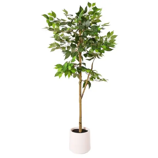 American Art Decor 5ft. Realistic Artificial Ficus Tree Faux Plant in White Pot  {1}