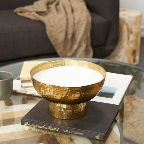 White Wax English Garden Scented Candle with Elevated Wide Hammered Gold Container {7}