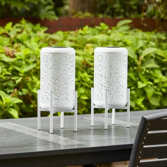 Glitzhome&reg; 14.25" White Metal Cutout Flower Pattern Solar Powered LED Outdoor Lanterns, 2ct. {4}